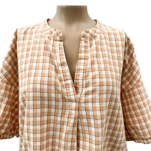 Madewell Crinkle Cotton Bubble-Sleeve Popover Check Fauna‎ Flowy Shirt Women XL - Picture 15 of 15